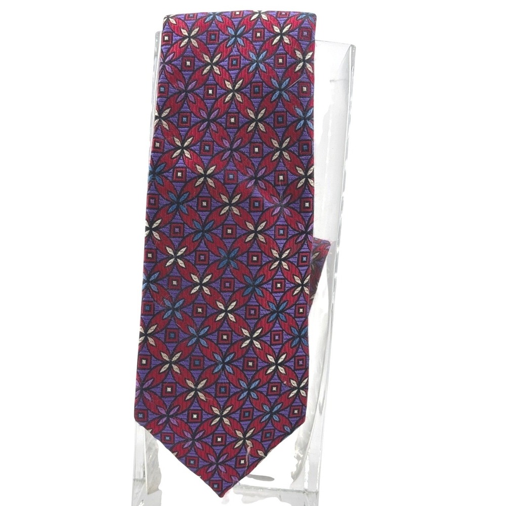 Jos A Bank Signature Gold Mens Silk‎ Tie Red Purple Geometric Medallion 65x3.25